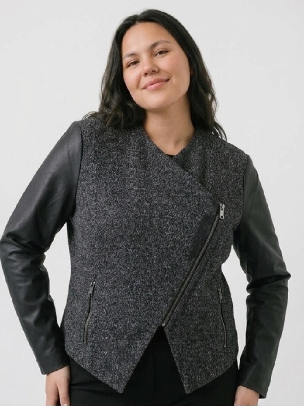 Banana Republic Charcoal Gray Body with Black Leather Sleeve Moto Jacket